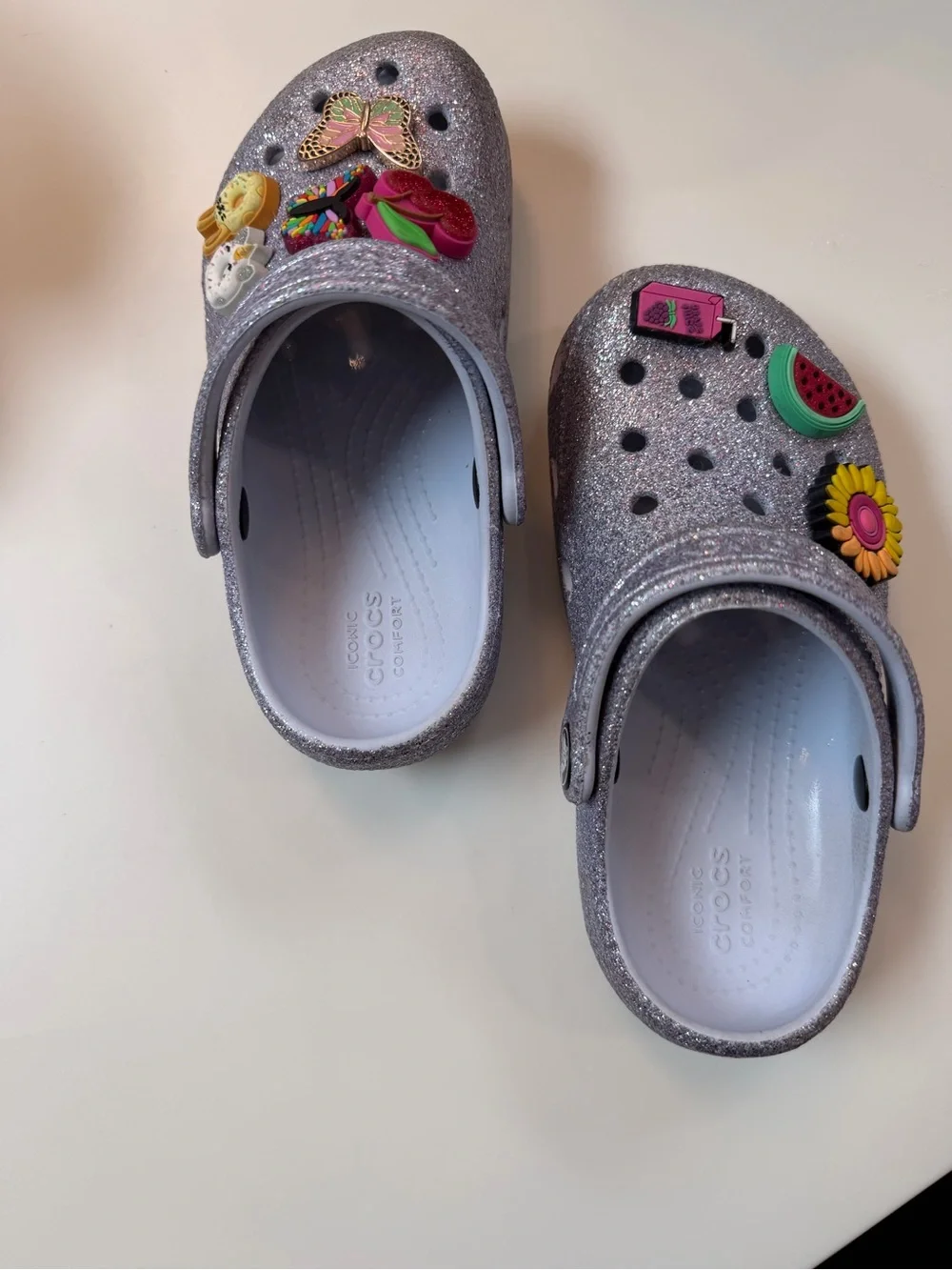 CROCS Kids Silver Glitter Clogs with Colorful Charms